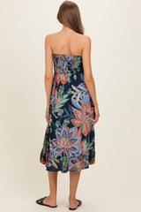 Navy Smocked Bodice Strapless Printed Maternity Midi Dress