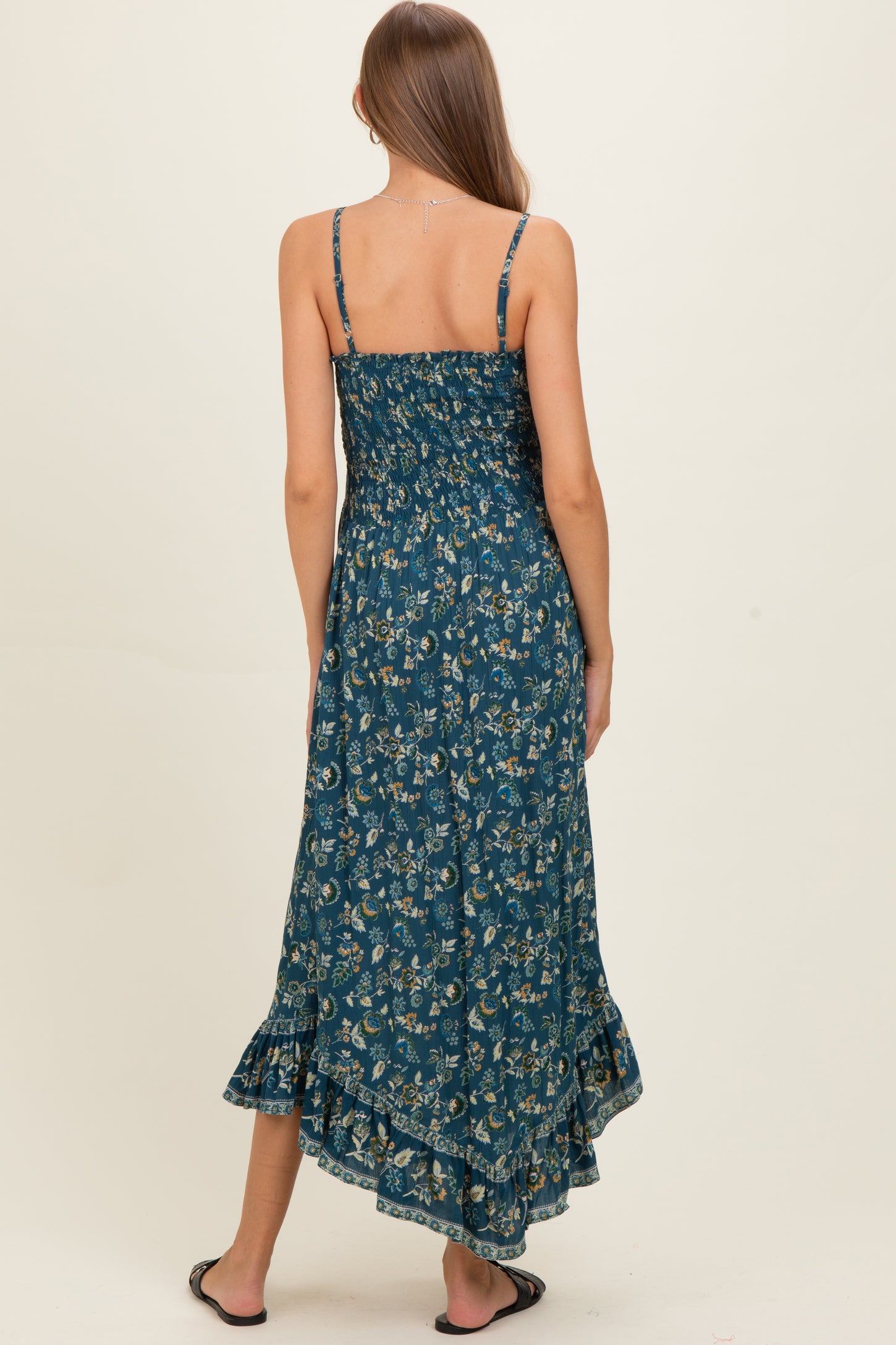 Teal Tie Neck Printed Maternity Sundress