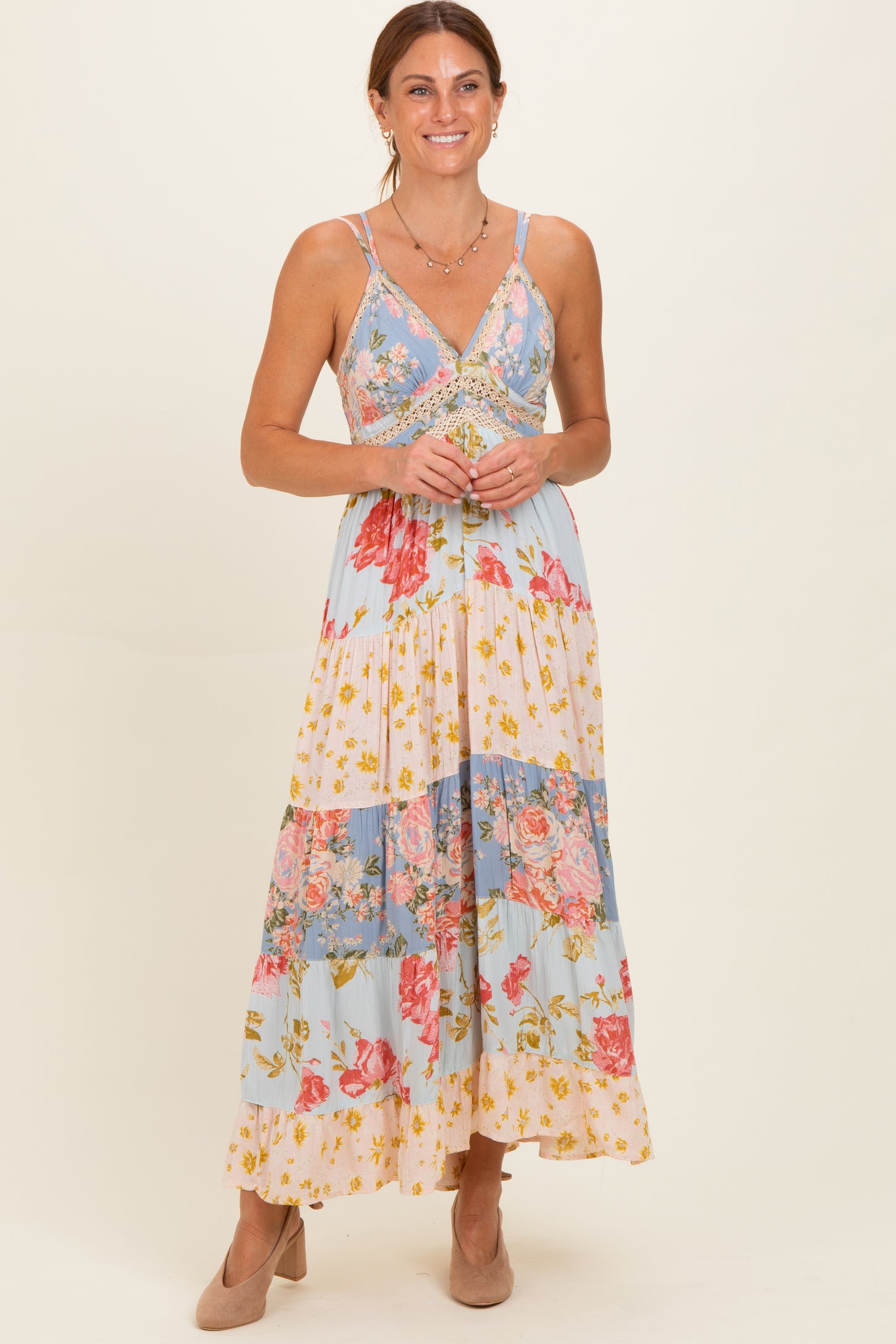 Multicolor Printed Lace Inset Tiered Maternity Maxi Dress