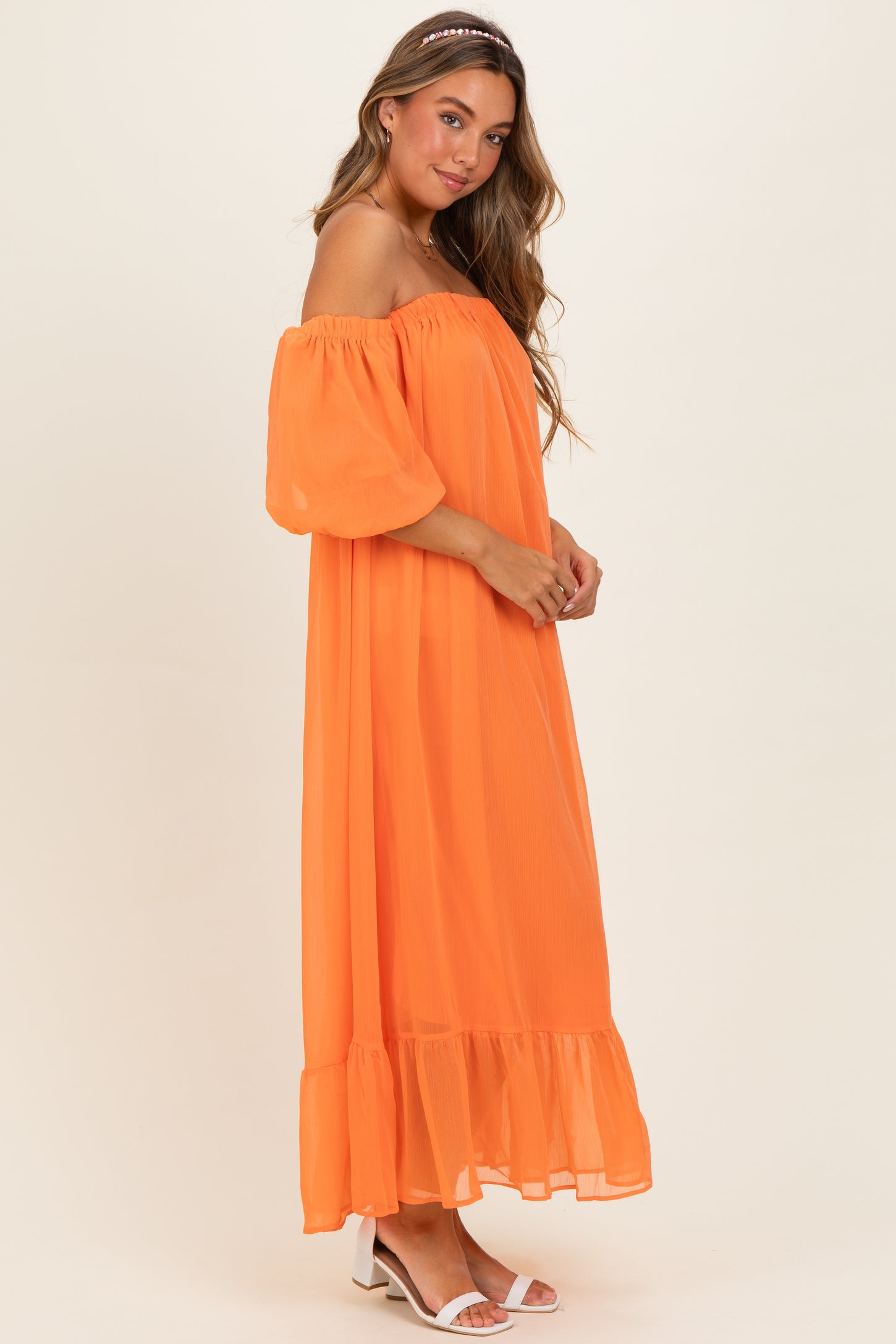 Orange Chiffon Off Shoulder Maternity Maxi Dress