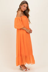 Orange Chiffon Off Shoulder Maxi Dress