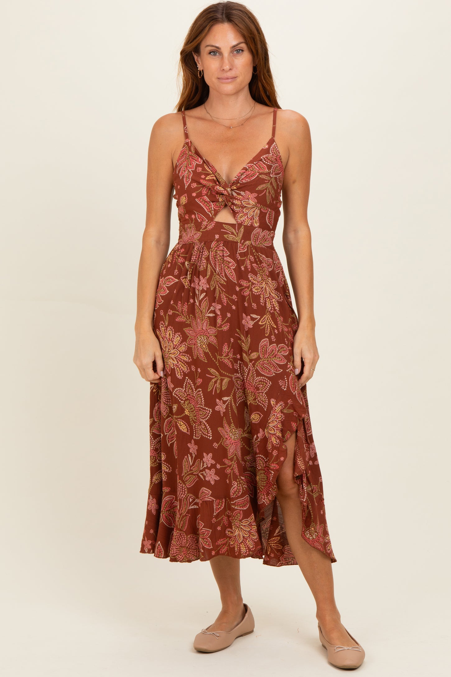 Brown V Neck Twist Front Cut Out Side Ruffle Slit Maternity Midi Dress