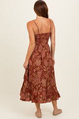 Brown V Neck Twist Front Cut Out Side Ruffle Slit Midi Dress