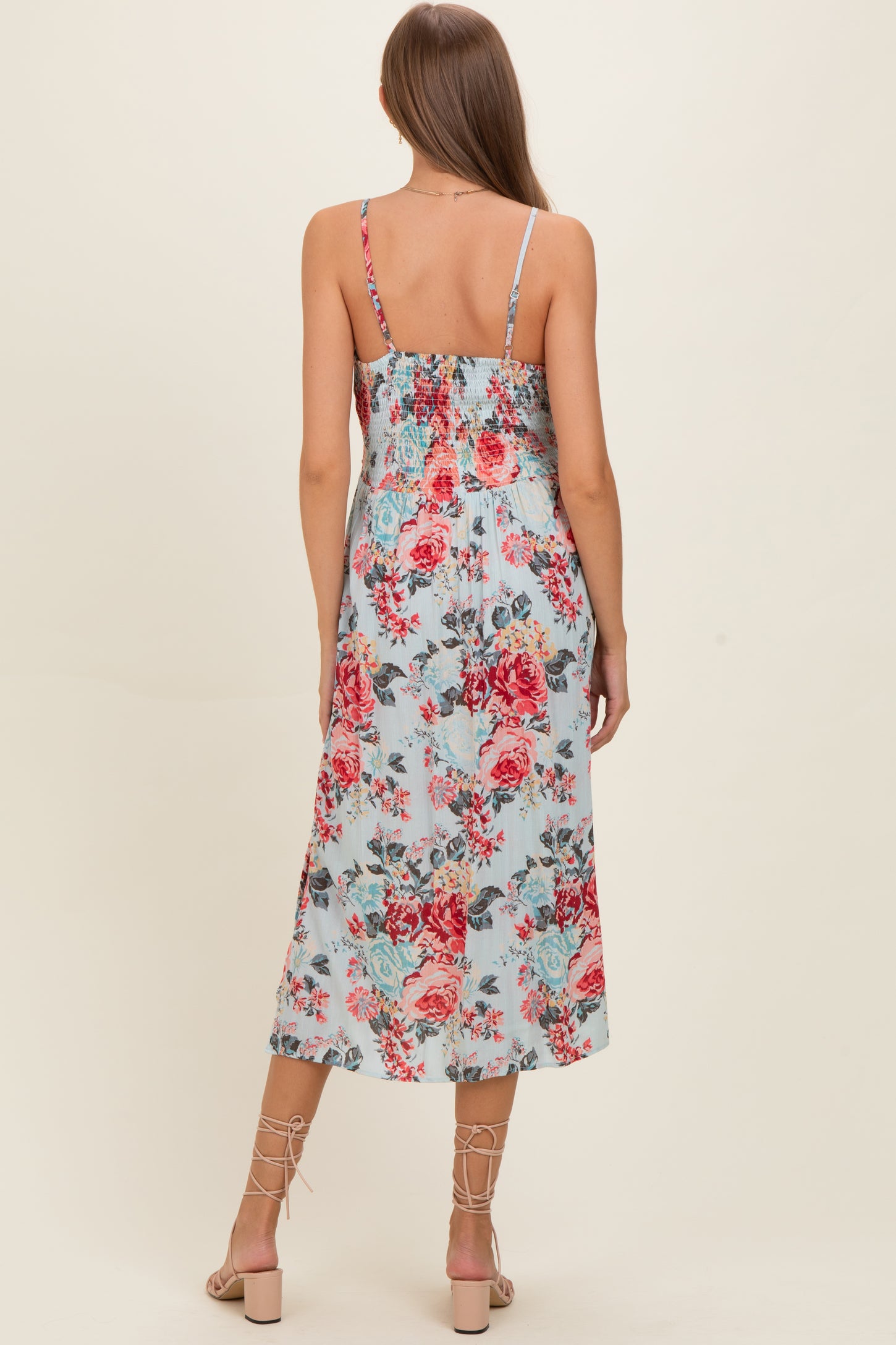 Blue Floral Twisted Front Cutout Maternity Midi Dress