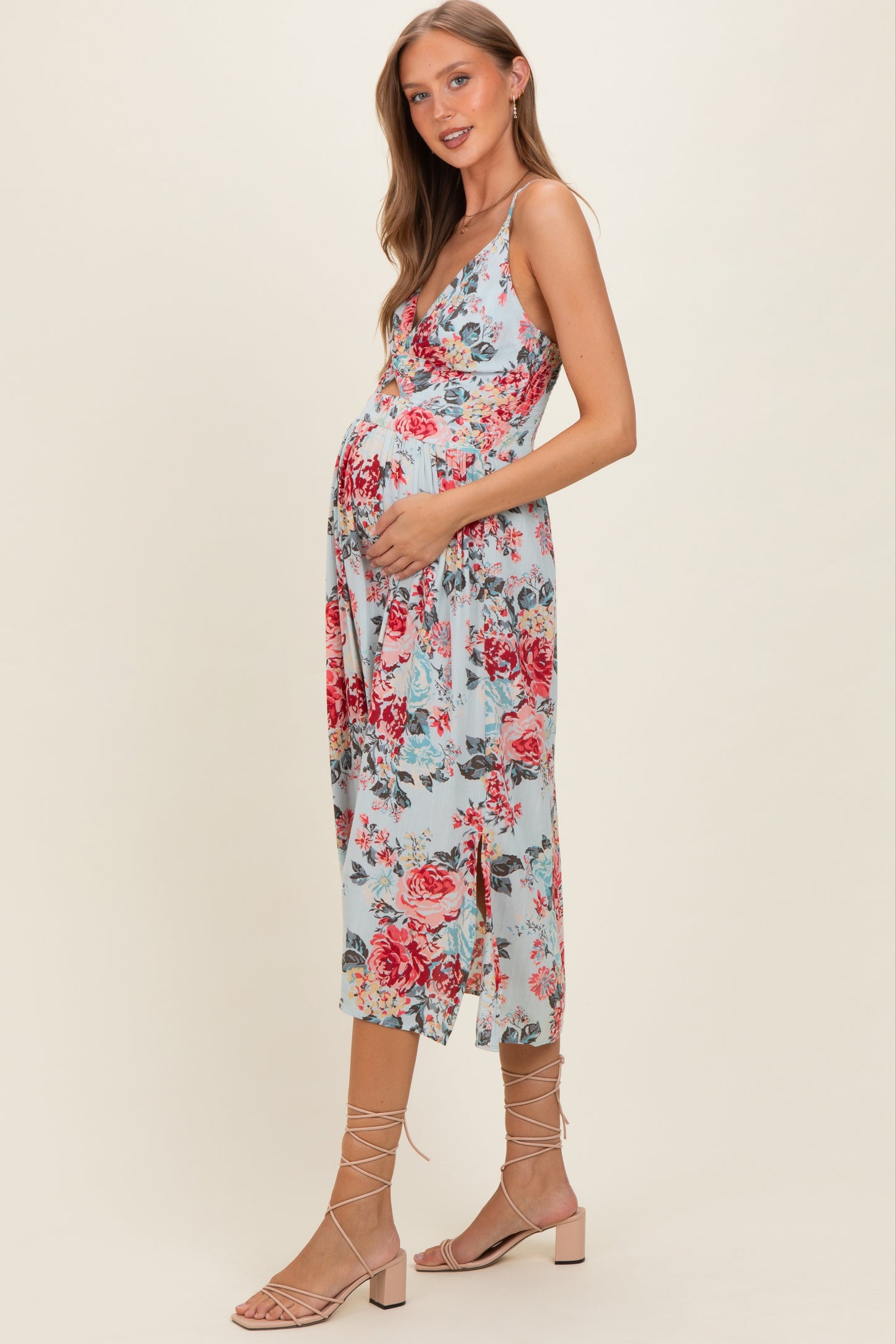 Blue Floral Twisted Front Cutout Maternity Midi Dress