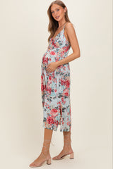 Blue Floral Twisted Front Cutout Maternity Midi Dress