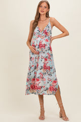 Blue Floral Twisted Front Cutout Maternity Midi Dress