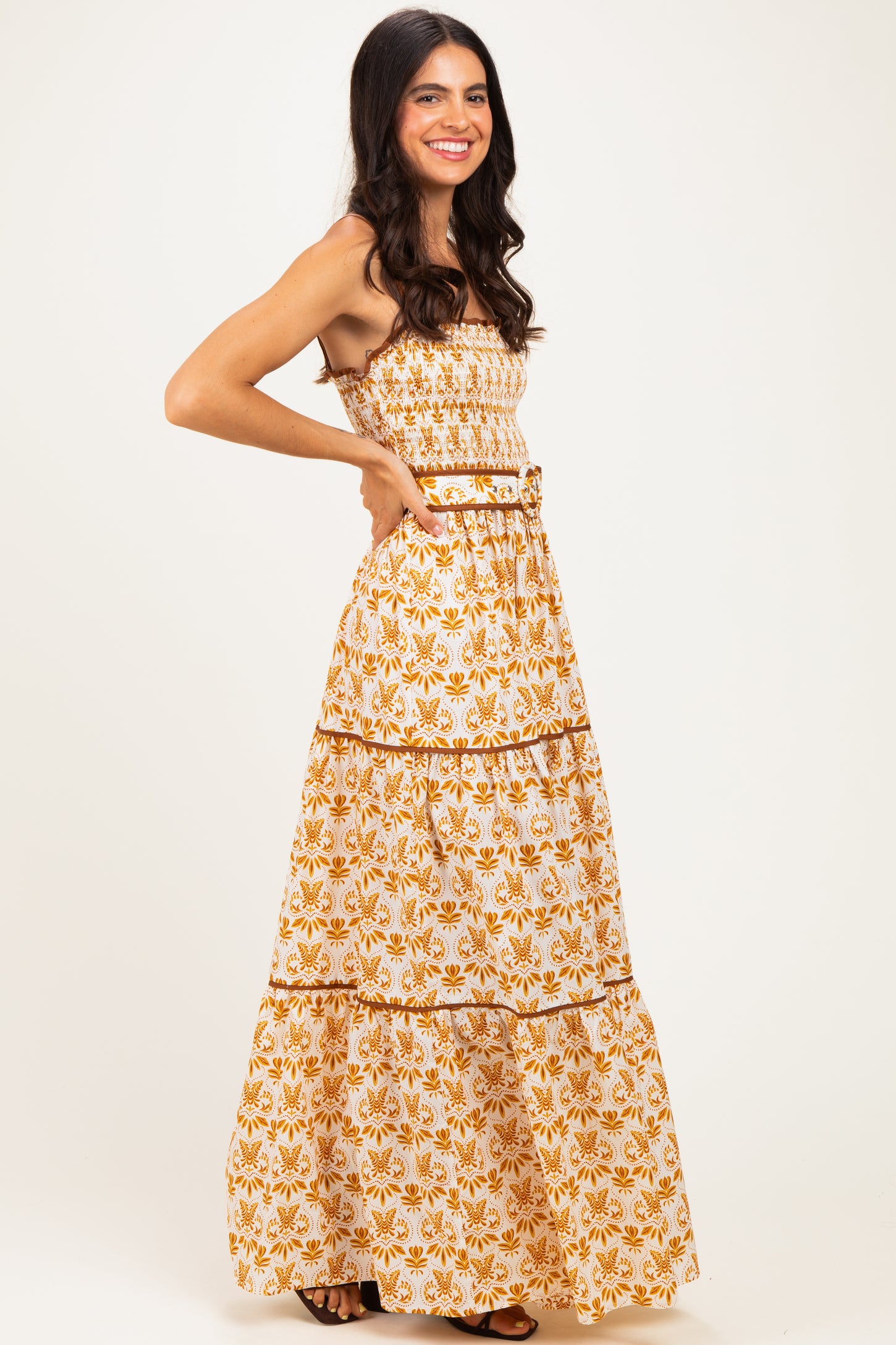 Camel Printed Smocked Maxi Dress