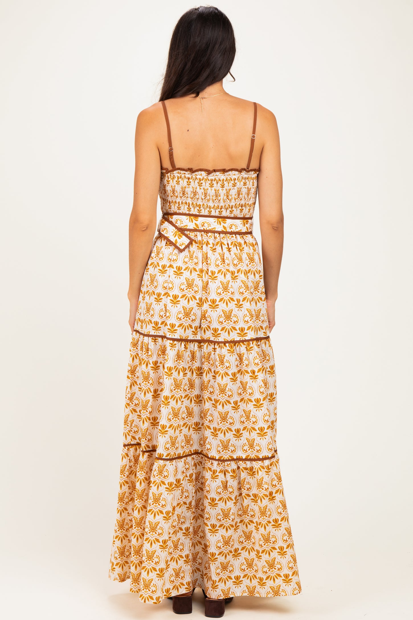 Camel Printed Smocked Maxi Dress