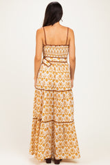 Camel Printed Smocked Maxi Dress