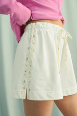 White Floral Print Side Stripe Shorts