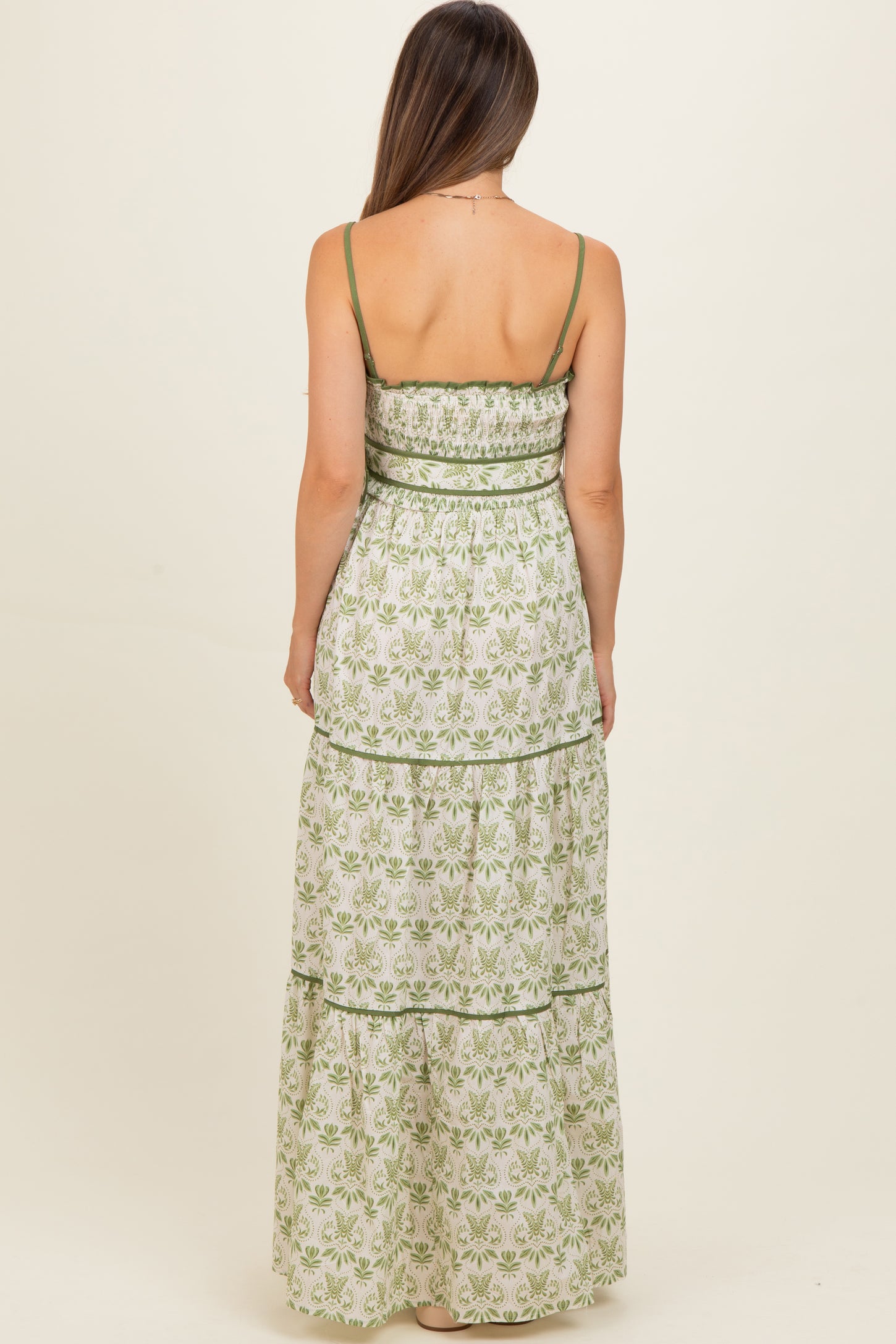 Green Printed Smocked Maternity Maxi Dress