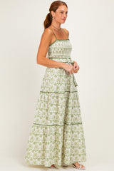 Green Printed Smocked Maxi Dress