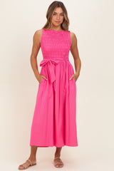 Pink Textured Tie Maternity Midi Dress