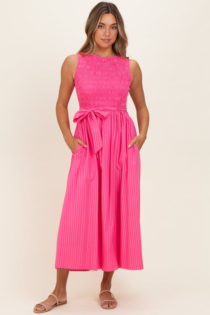 Pink Textured Tie Maternity Midi Dress