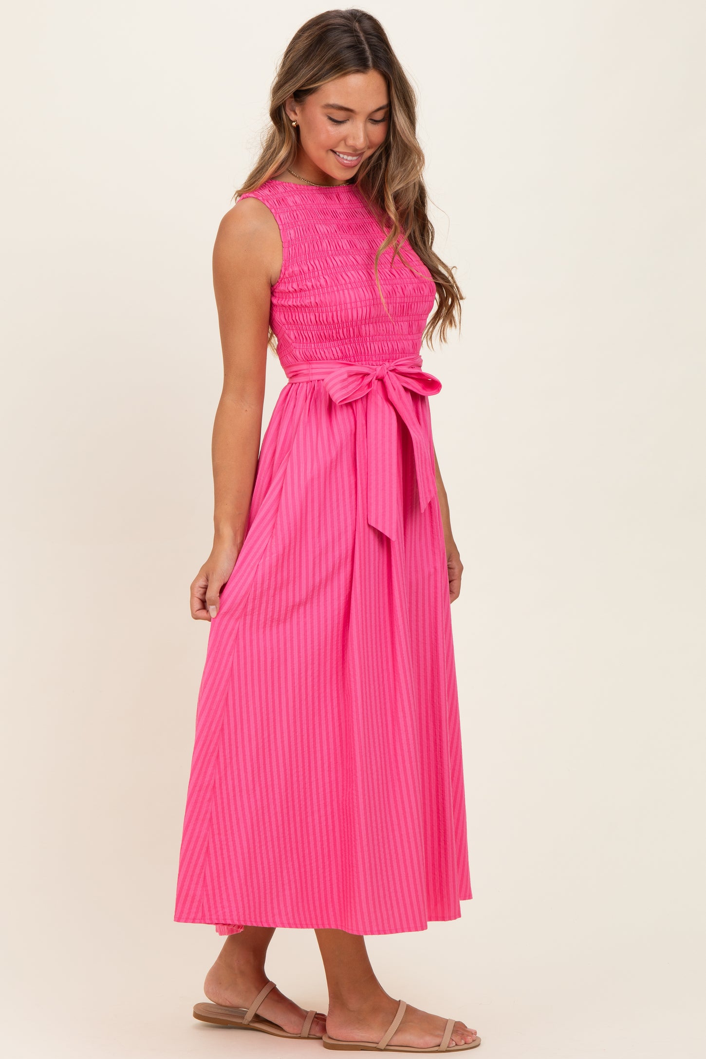 Pink Textured Tie Midi Dress