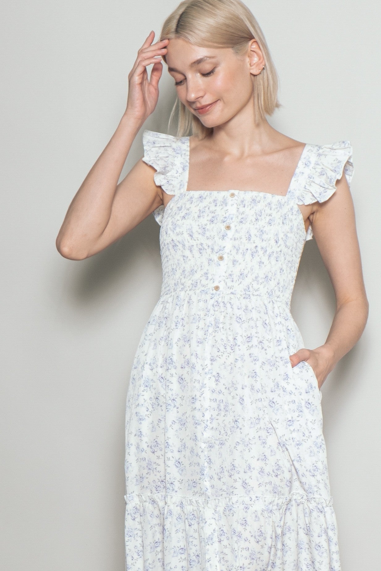 Cream Floral Ruffle Tier Button Detail Maxi Dress
