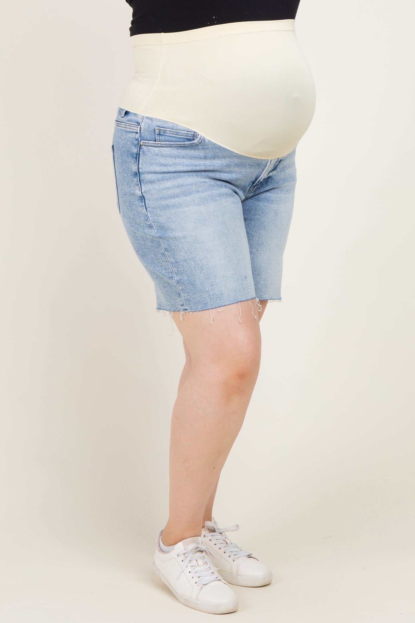 Blue Raw Cut Hem Mid Length Maternity Plus Denim Shorts