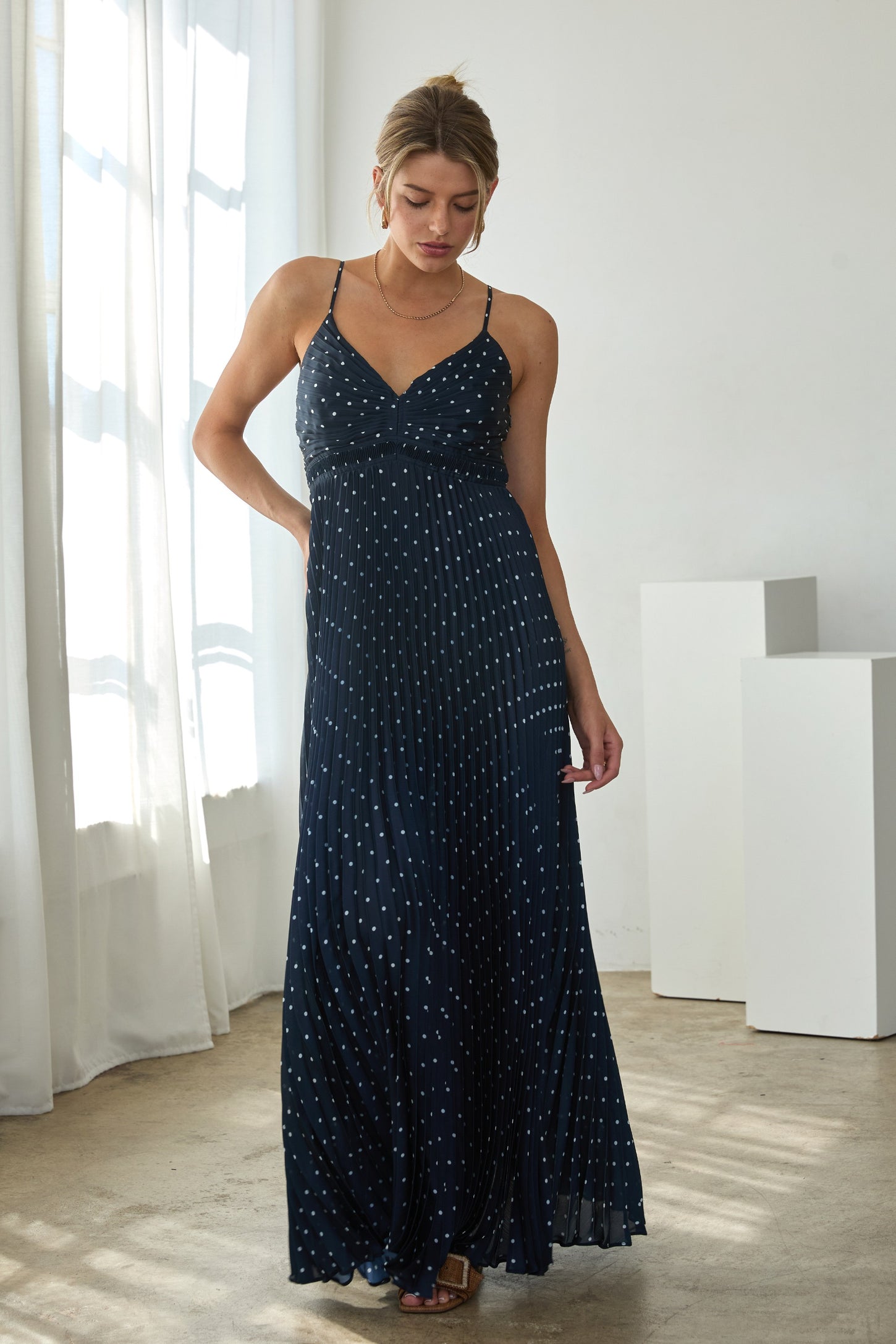 Navy Polka Dot Pleated Cutout Maxi Dress