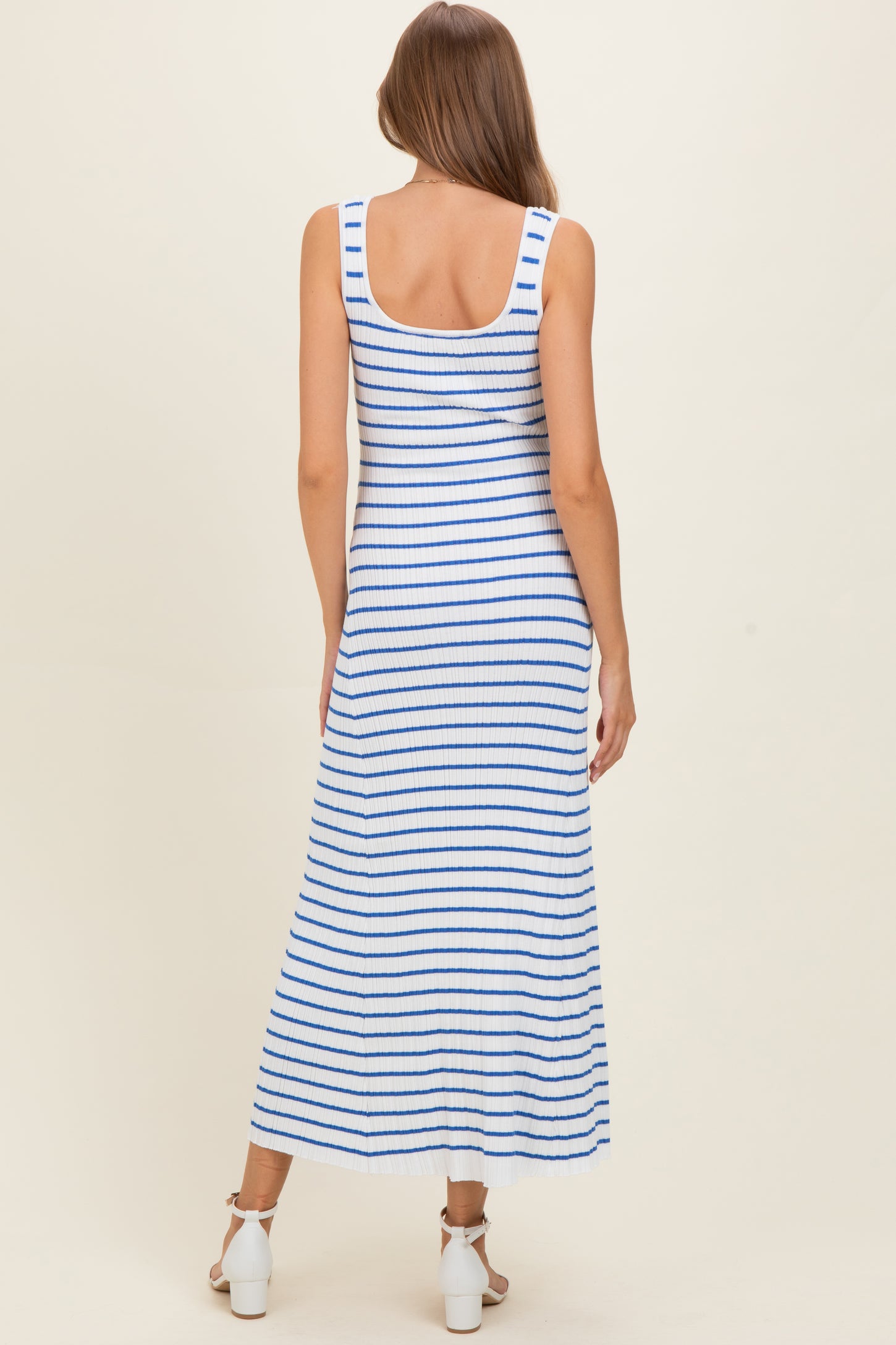 Blue Striped Ribbed Sleeveless Maternity Maxi Dress