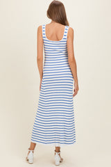 Blue Striped Ribbed Sleeveless Maternity Maxi Dress