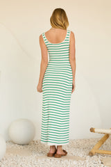 Green Striped Ribbed Sleeveless Maxi Dress
