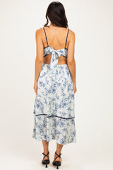 Blue Floral Cutout Tie Back Midi Dress