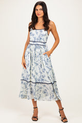 Blue Floral Cutout Tie Back Midi Dress