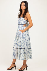 Blue Floral Cutout Tie Back Midi Dress