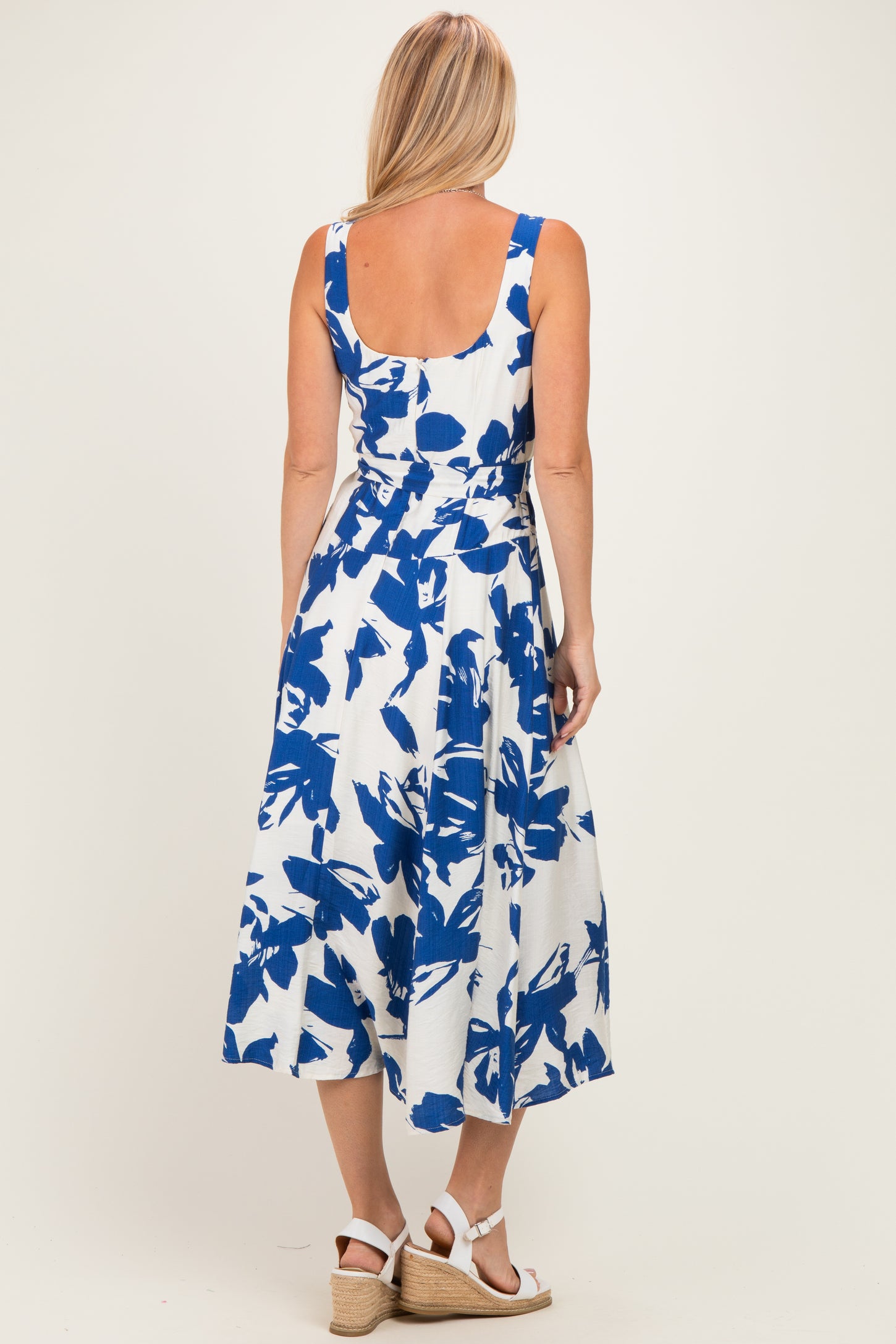 Blue Floral Square Neck Waist Tie Midi Dress