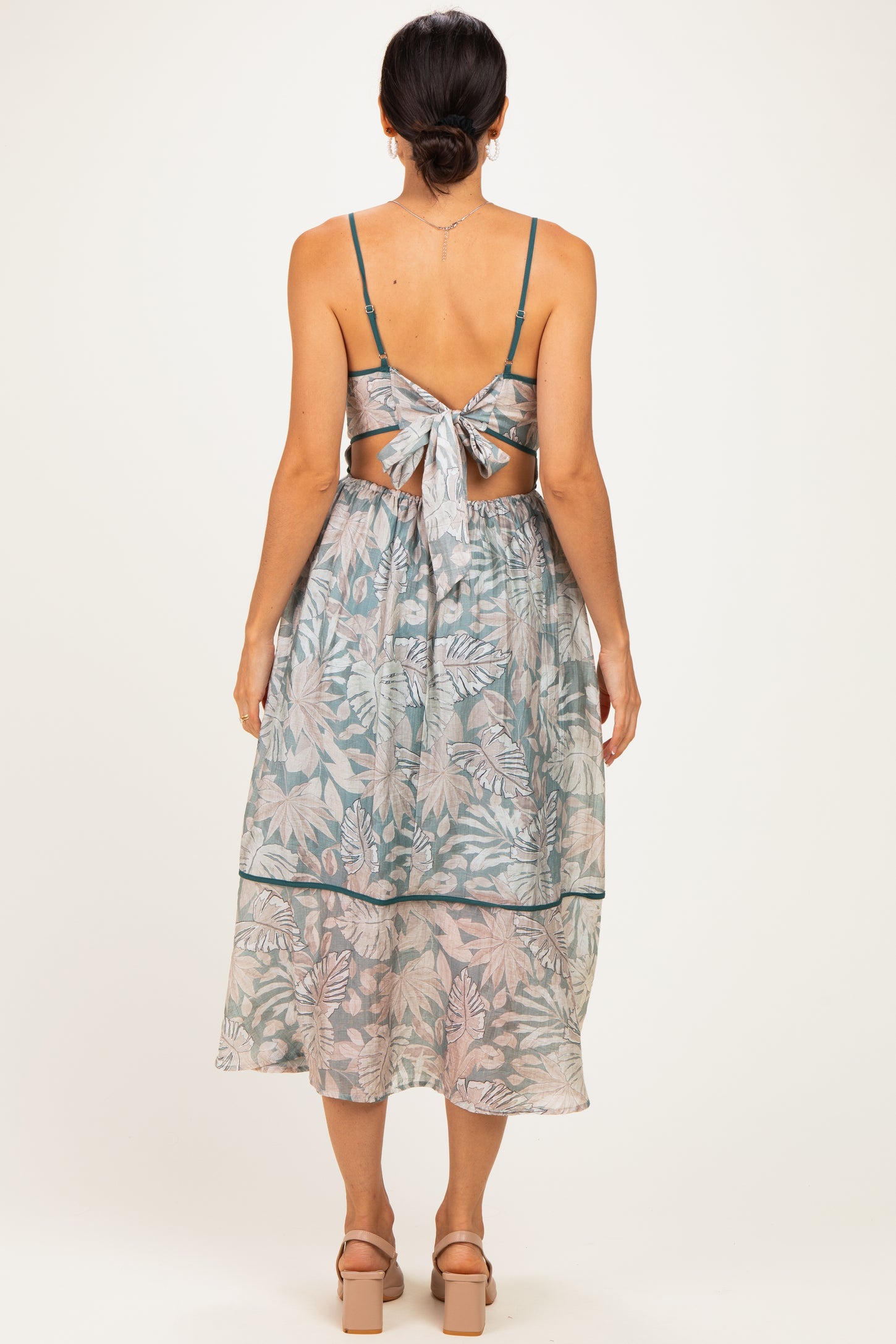 Dark Green Printed Cutout Tie Back Midi Dress