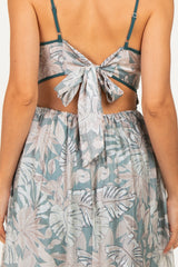 Dark Green Printed Cutout Tie Back Midi Dress