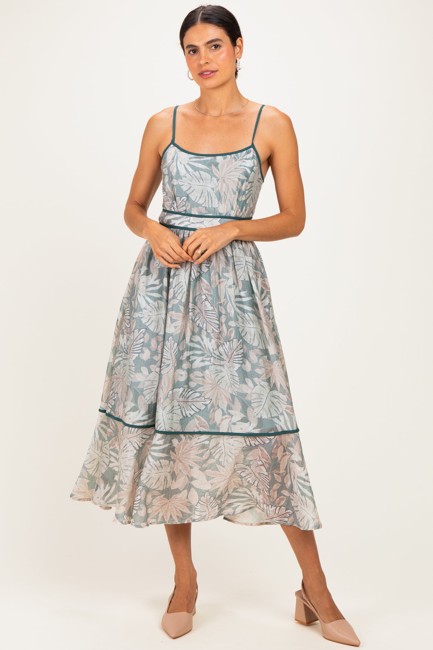 Dark Green Printed Cutout Tie Back Midi Dress
