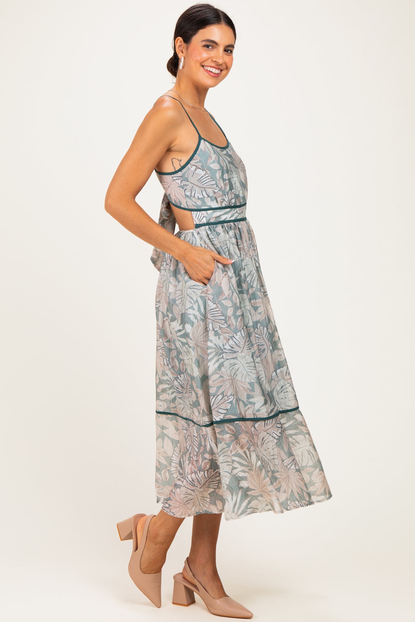 Dark Green Printed Cutout Tie Back Midi Dress