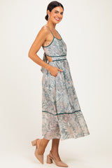 Dark Green Printed Cutout Tie Back Midi Dress