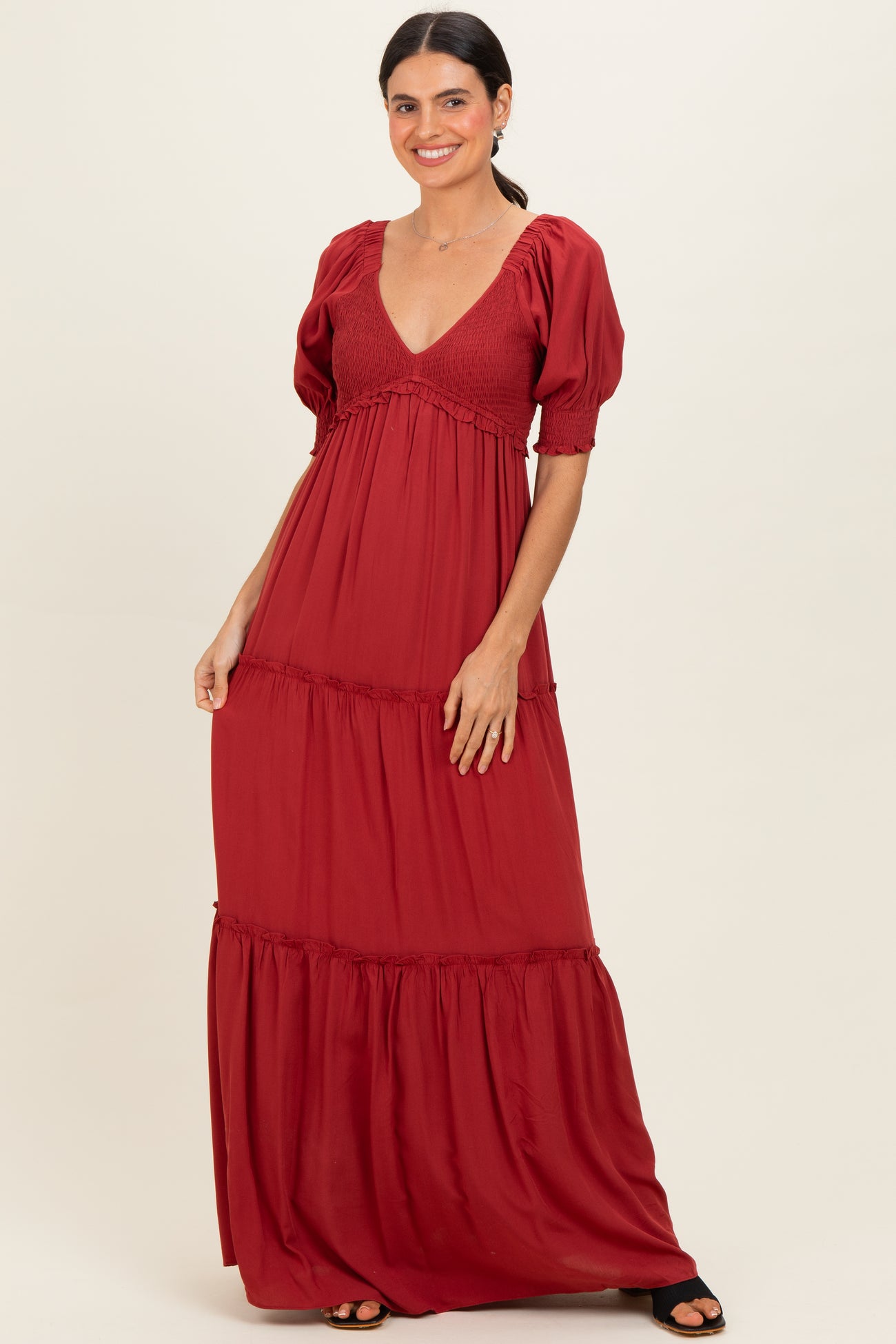 Brick V-Neck Smocked Tiered Maternity Maxi Dresses
