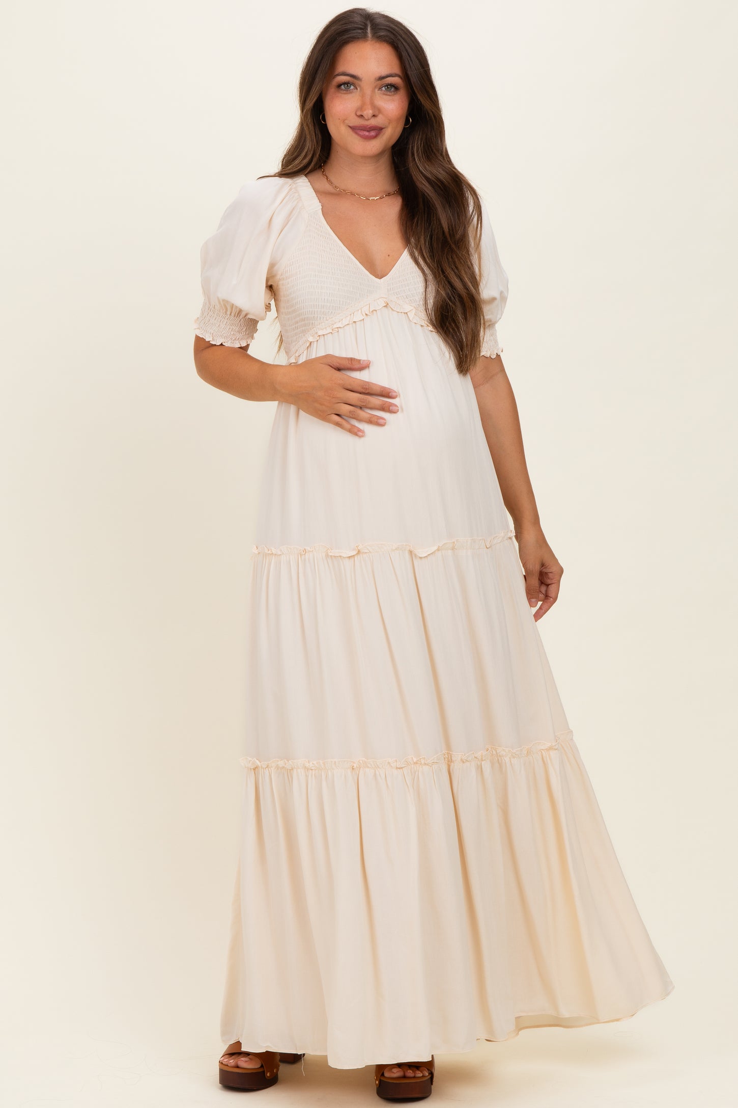 Cream V-Neck Smocked Tiered Maternity Maxi Dresses