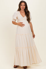Cream V-Neck Smocked Tiered Maternity Maxi Dresses