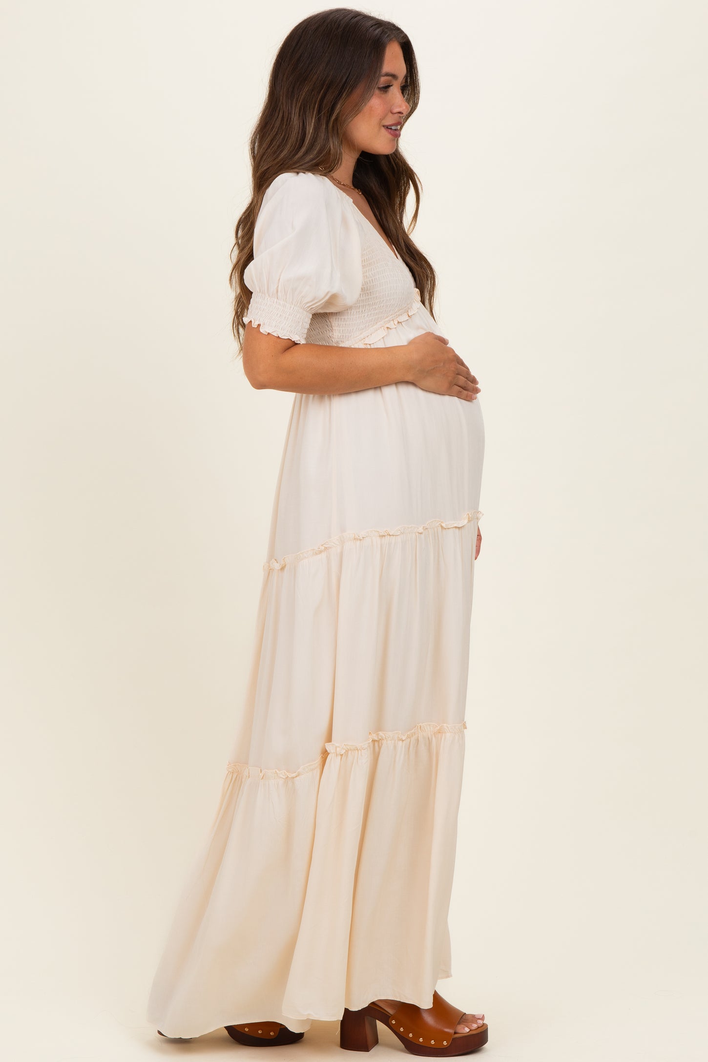 Cream V-Neck Smocked Tiered Maternity Maxi Dresses