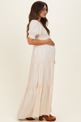 Cream V-Neck Smocked Tiered Maternity Maxi Dresses