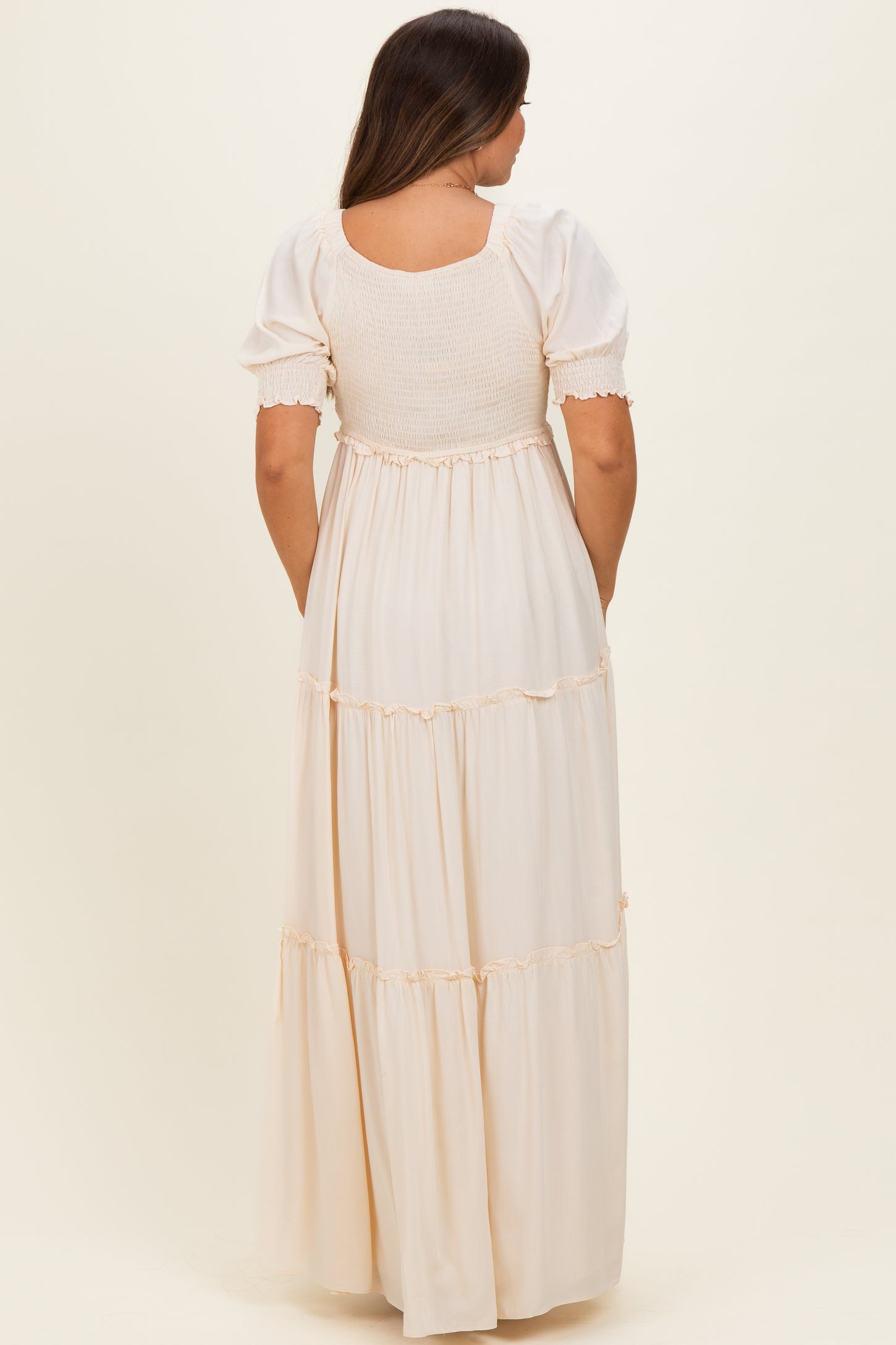 Cream V-Neck Smocked Tiered Maternity Maxi Dresses