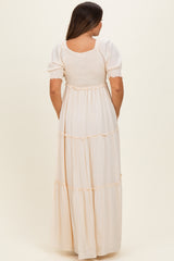 Cream V-Neck Smocked Tiered Maternity Maxi Dresses