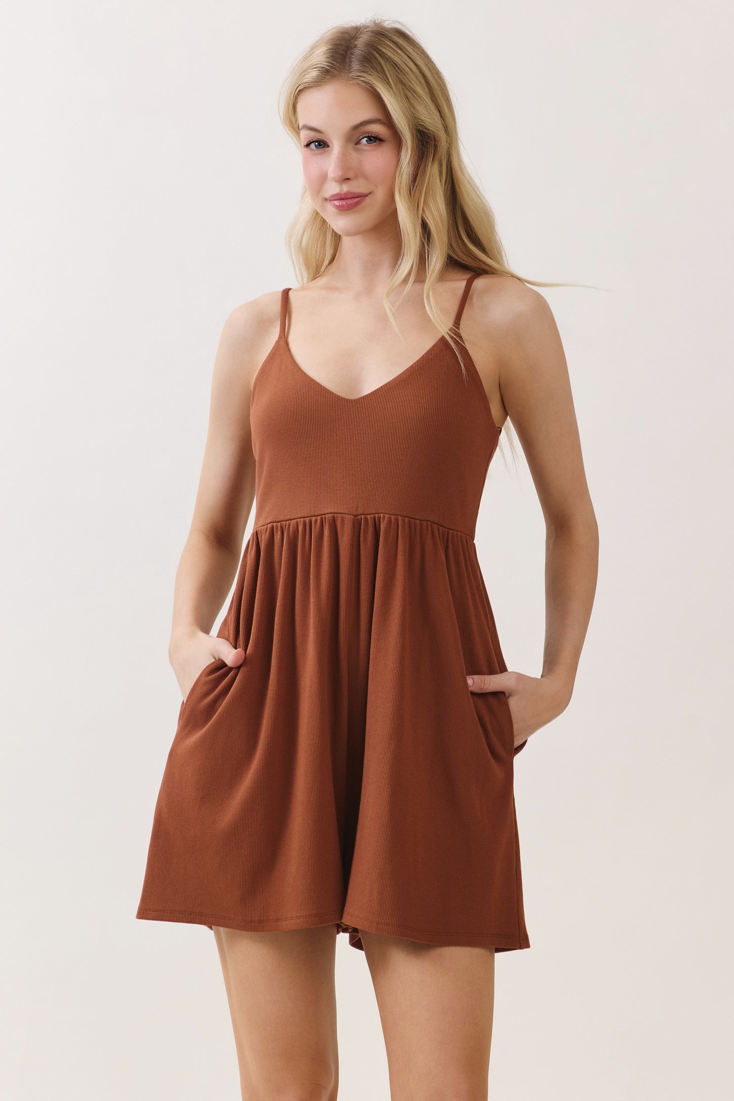Brown Ribbed Knit Babydoll Romper