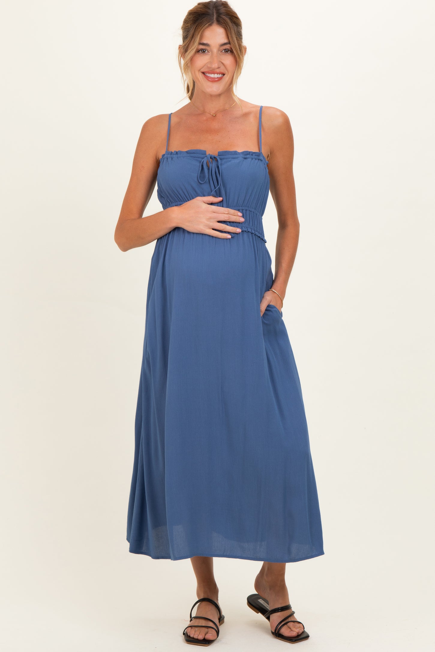 Denim Blue Solid Smocked Maternity Maxi Dress