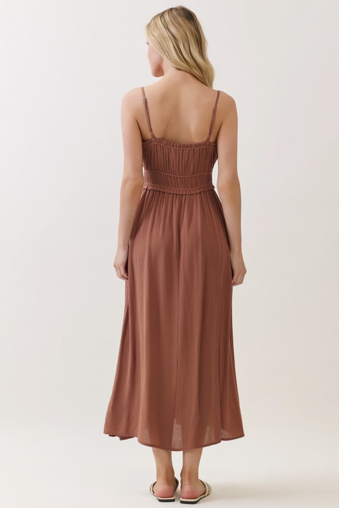 Brown Solid Smocked Maxi Dress