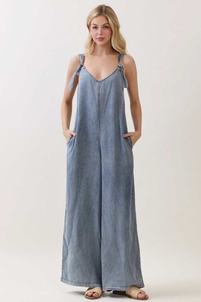 Denim V-Neck Tie Wide Leg Jumpsuit