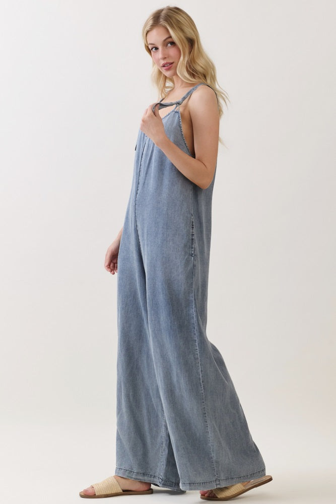 Denim V-Neck Tie Wide Leg Jumpsuit