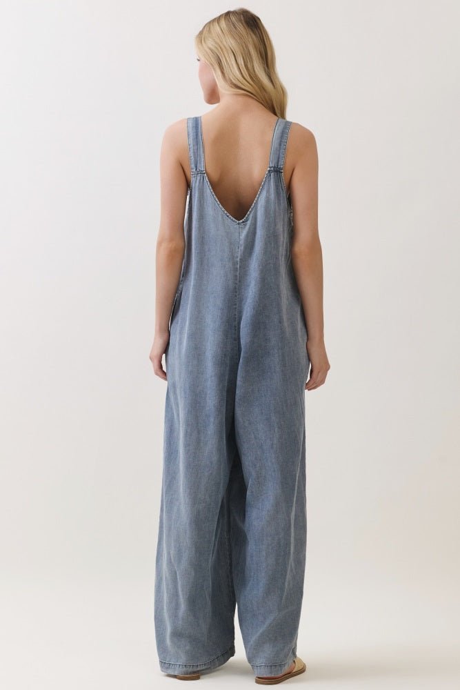 Denim V-Neck Tie Wide Leg Jumpsuit