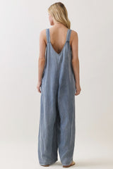 Denim V-Neck Tie Wide Leg Jumpsuit