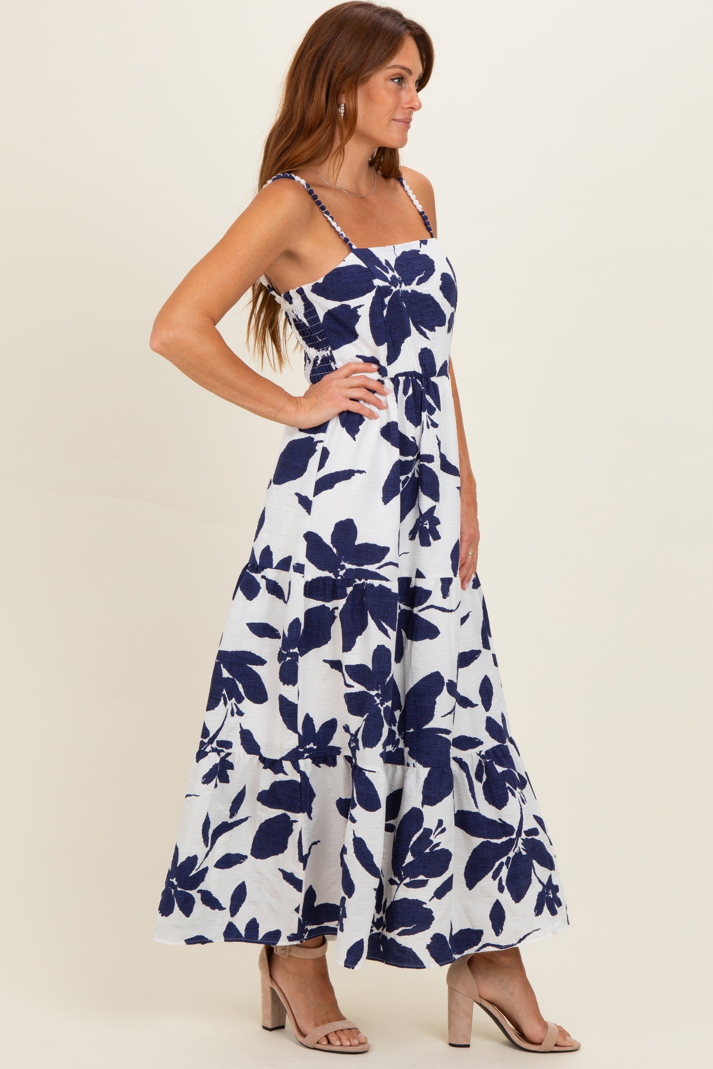 Navy Blue Floral Tiered Midi Dress